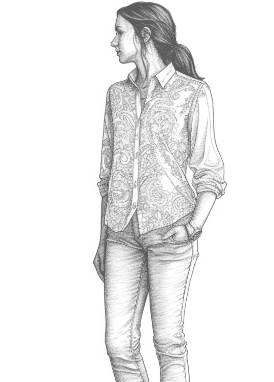 A woman with one hand in her pocket, staring into the distance.